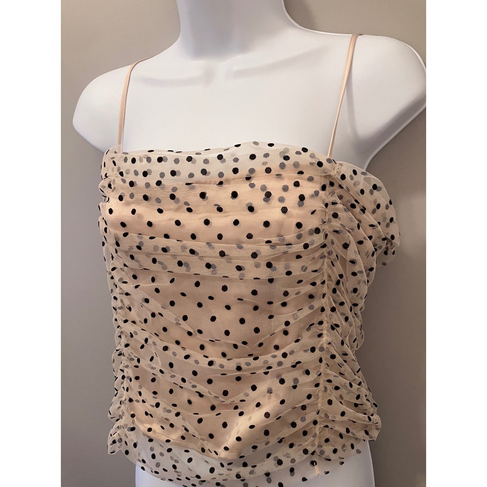 Loft Polka Dot Ruched Mesh Cami Top Beige Black Size 10 NWT